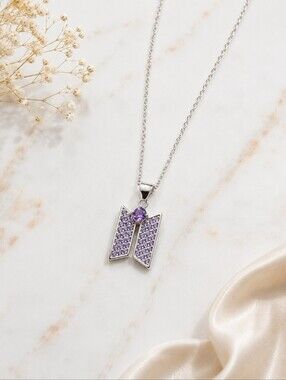 BTS Inspired Purple Crystal Logo Necklace Kpop ARMY Fan Jewelry Silver Tone